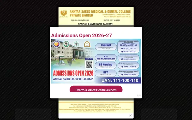 Akhtar Saeed Medical & Dental College official website homepage preview