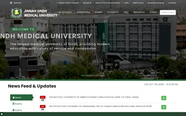 Sindh Medical College (JSMU) official website homepage preview